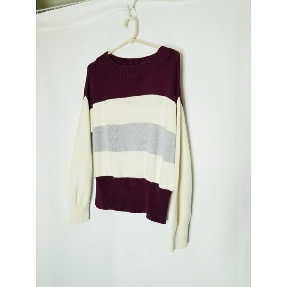 Lucky Brand Burgundy Striped Colorblock Knit Boatneck Pullover‎ Sweater S/P - Picture 1 of 12